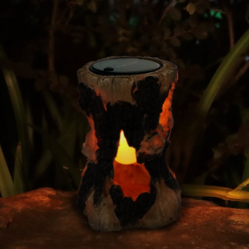 GL6069F Solar Resin 20 LED Simulation Stump Flame Light Flickering Stump on Fire Torch Lights for Patio Deck Decoration