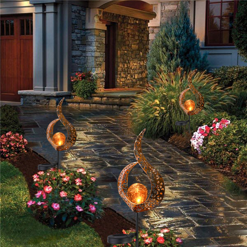 Garden Solar Lights Outdoor Landscape Path Lights Waterproof LED Decorative Crackle Flame Glass Globe Stake Lights For Courtyard