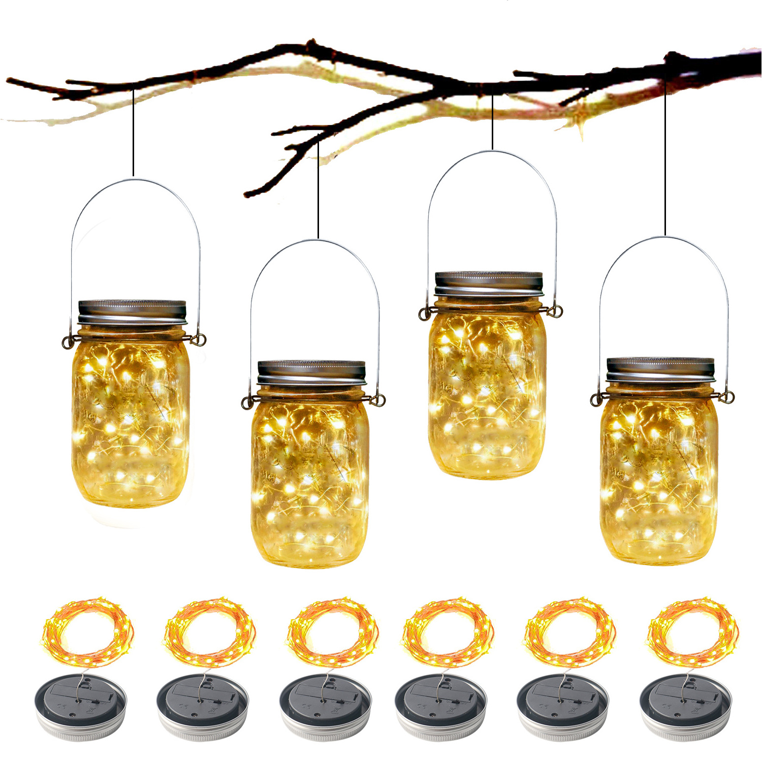 Diwali Diya Solar Mason Jar Hanging Lights ,Solar Garden String  Light LED Waterproof Copper 6 Pack 10 /20/30 LED String Decor