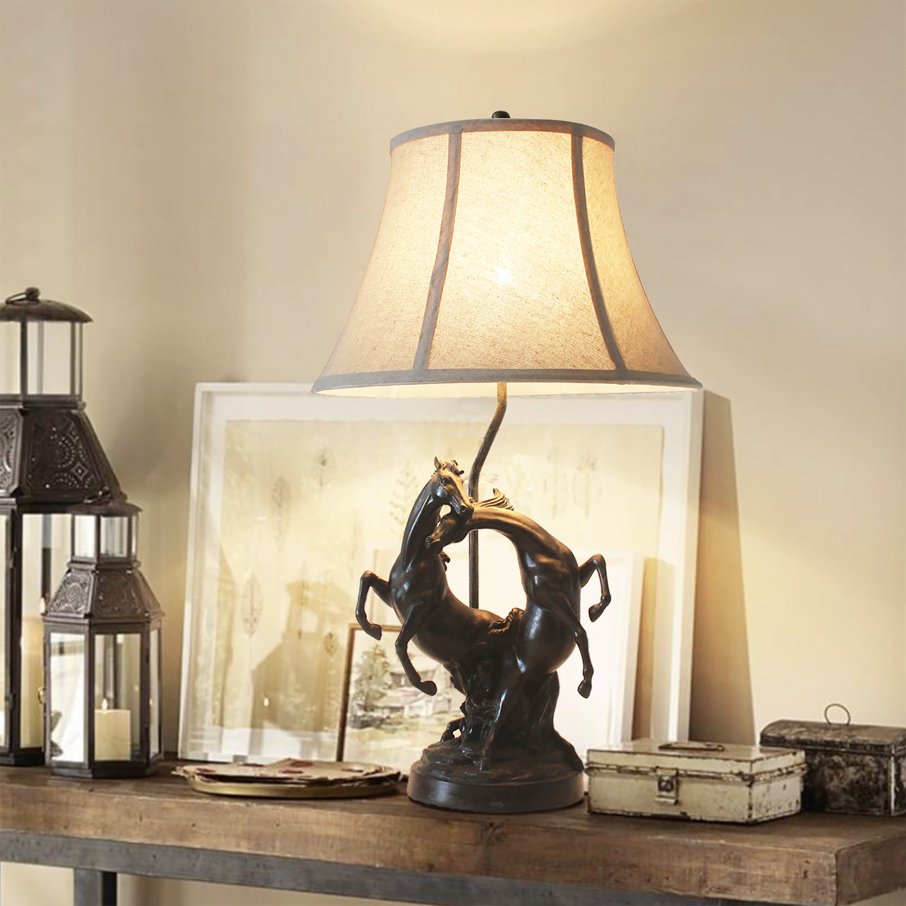 Bedroom Living Room Decorative Fancy Animal Bronze Horse Resin Table Lamp For Home For Hotel