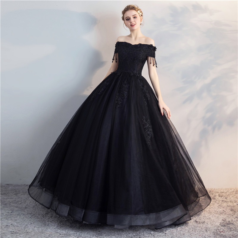 Party Quinceanera Dress Ball Gown New Long Sleeve Appliqued Formal Evening Lace 100% Polyester Arrival Off Shoulder Black 1 Pcs