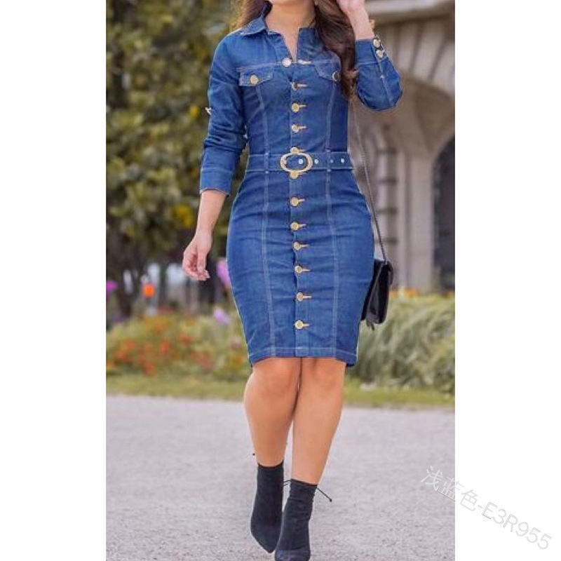 Sexy Retro Multi-button Decorated Lapel Single Breasted Long Slim Long Sleeve Denim Dress