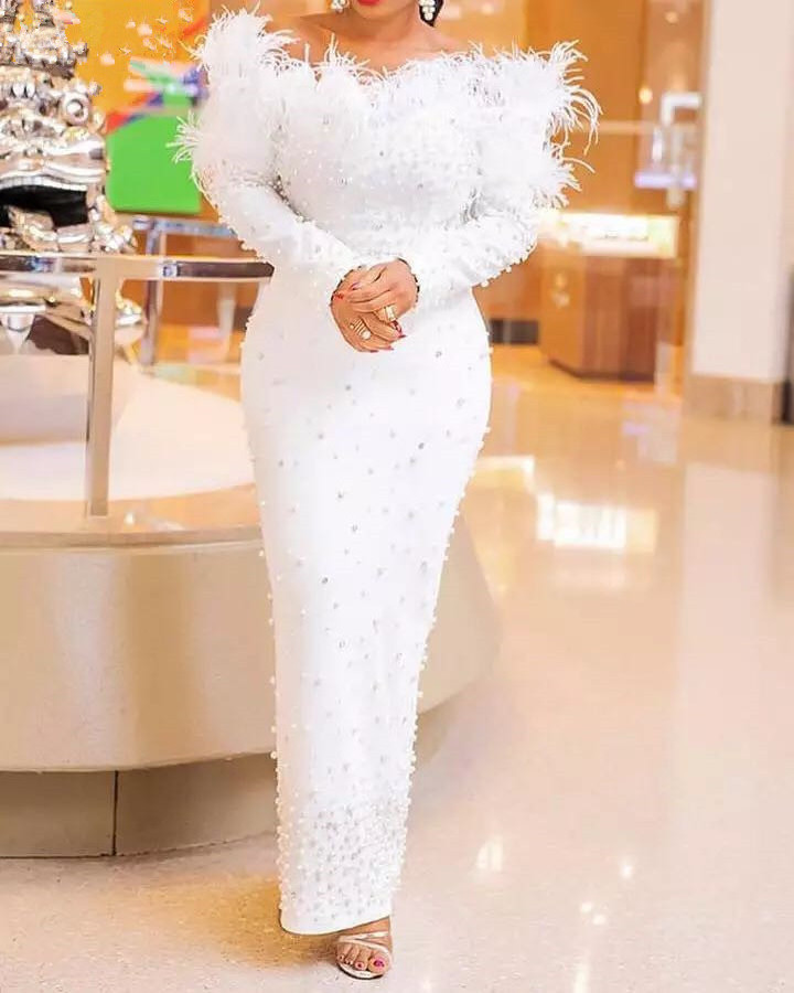 Latest Arrival Shoulder  SlimTight Nail Bead White Party Dress Long Sleeve Dresses Evening Dresses