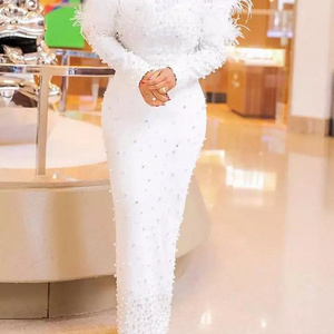 Latest Arrival Shoulder  SlimTight Nail Bead White Party Dress Long Sleeve Dresses Evening Dresses