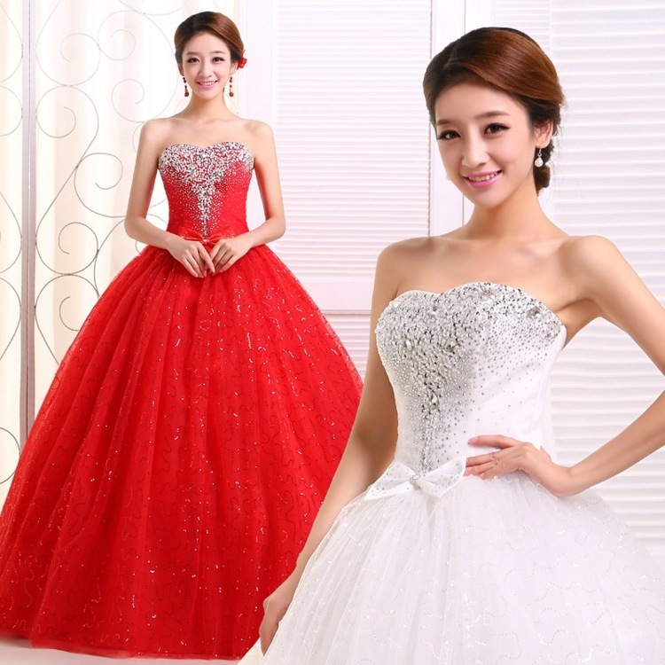 Wedding Dress Fashion Women White Red Luxury Sequin Lace Sleeveless Strapless Floor Length Wedding Dresses