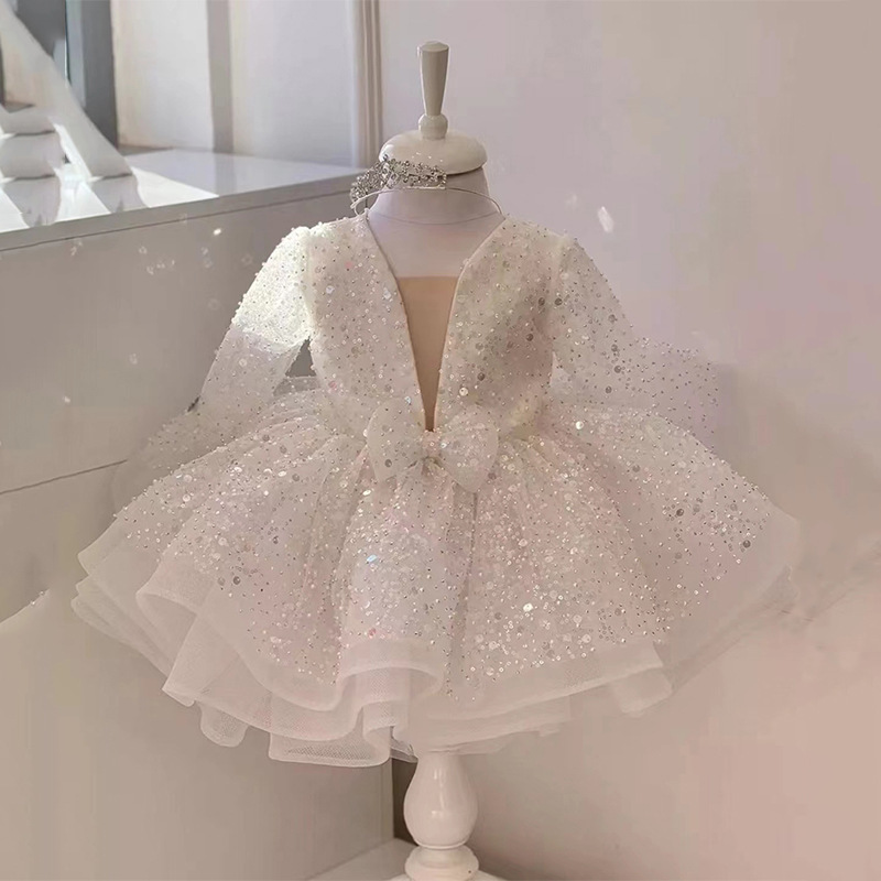 Sequins Mesh Girls Princess Vintage Long Sleeve Wedding Party Birthday Tutu Dress