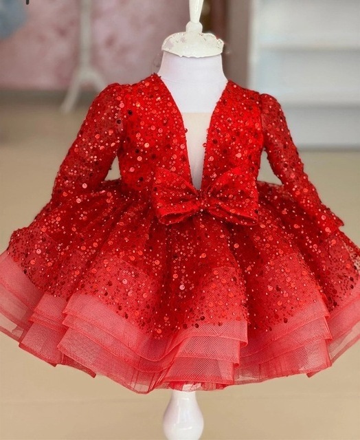 Sequins Mesh Girls Princess Vintage Long Sleeve Wedding Party Birthday Tutu Dress