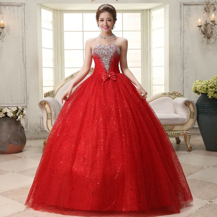 Wedding Dress Fashion Women White Red Luxury Sequin Lace Sleeveless Strapless Floor Length Wedding Dresses