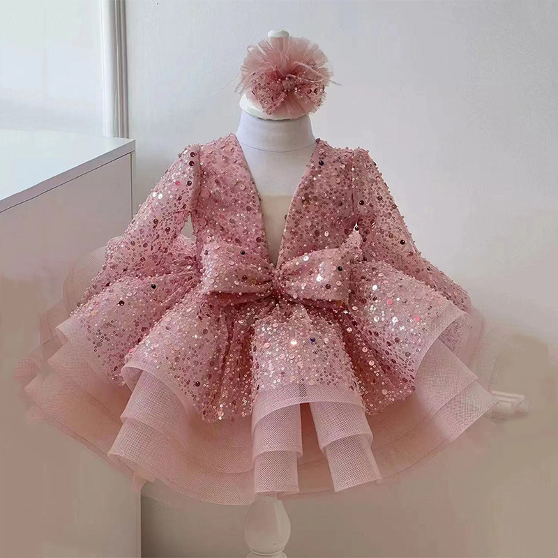 Sequins Mesh Girls Princess Vintage Long Sleeve Wedding Party Birthday Tutu Dress