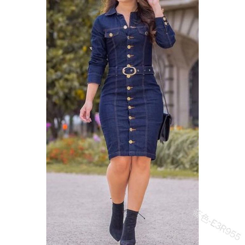 Sexy Retro Multi-button Decorated Lapel Single Breasted Long Slim Long Sleeve Denim Dress