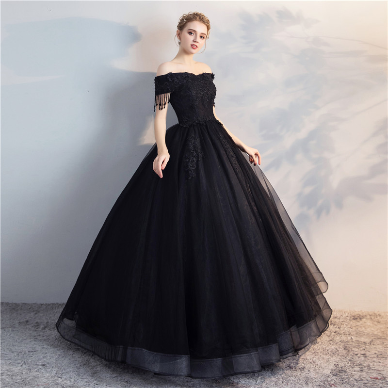 Party Quinceanera Dress Ball Gown New Long Sleeve Appliqued Formal Evening Lace 100% Polyester Arrival Off Shoulder Black 1 Pcs