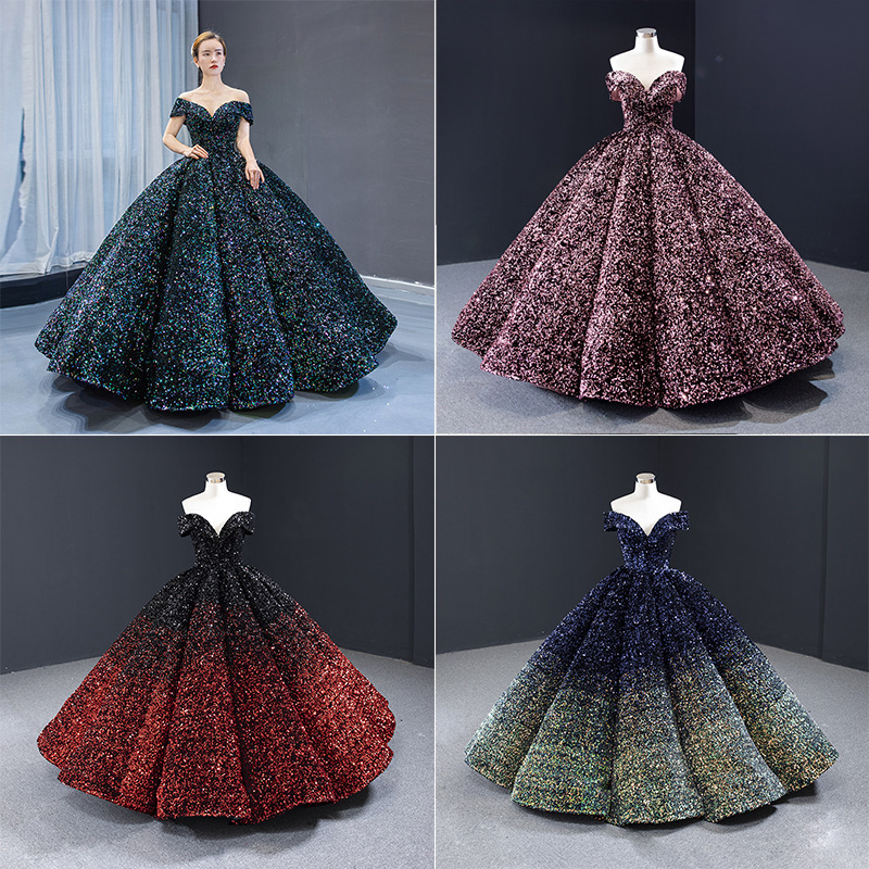 2023 Hot Sale Adult Gradient Sequined Prom Costume One Word Shoulder Tutu Bridal Wedding Dress Women