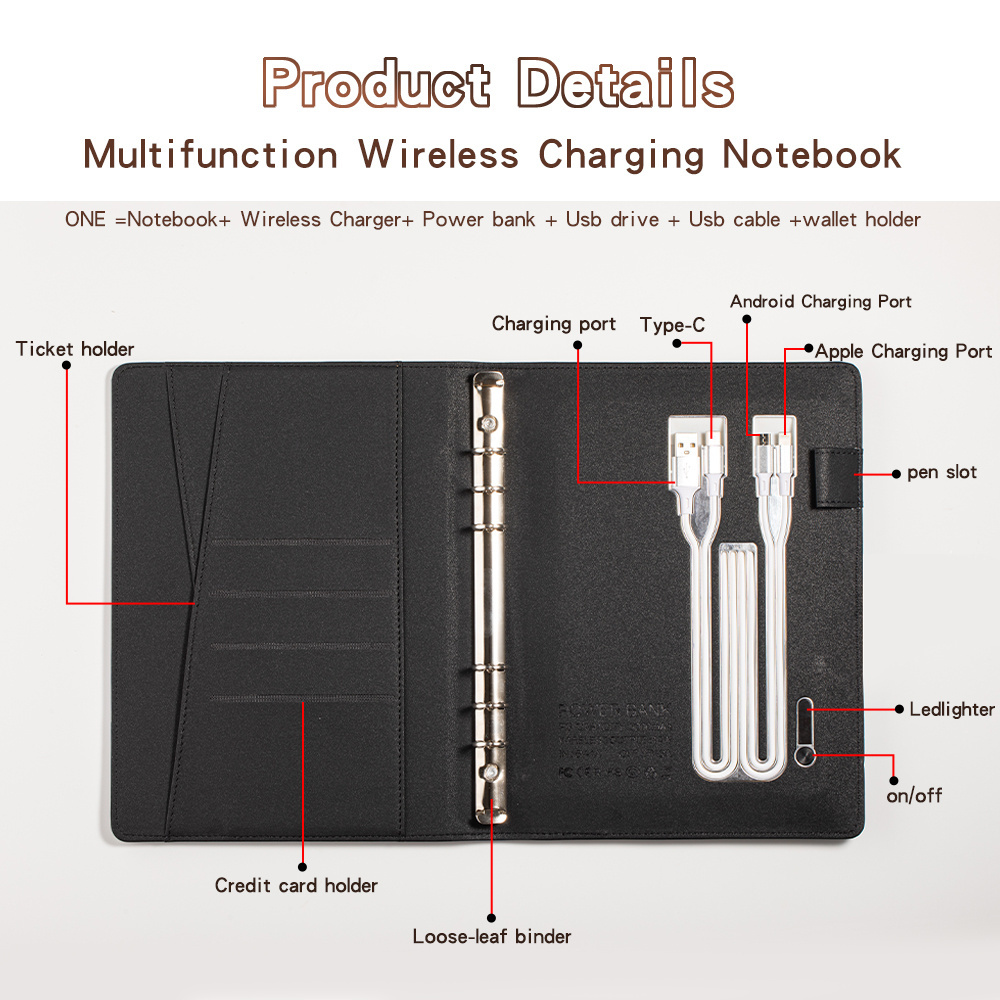 Custom rechargeable notebook built-in 8000mah power bank 3 in 1 wireless charger notebook