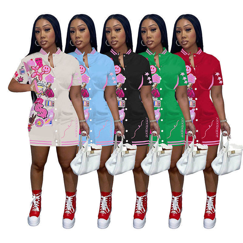 2023 New Design Sport Button Down Casual Dress Women Custom Letter Print Baseball Jersey Dress