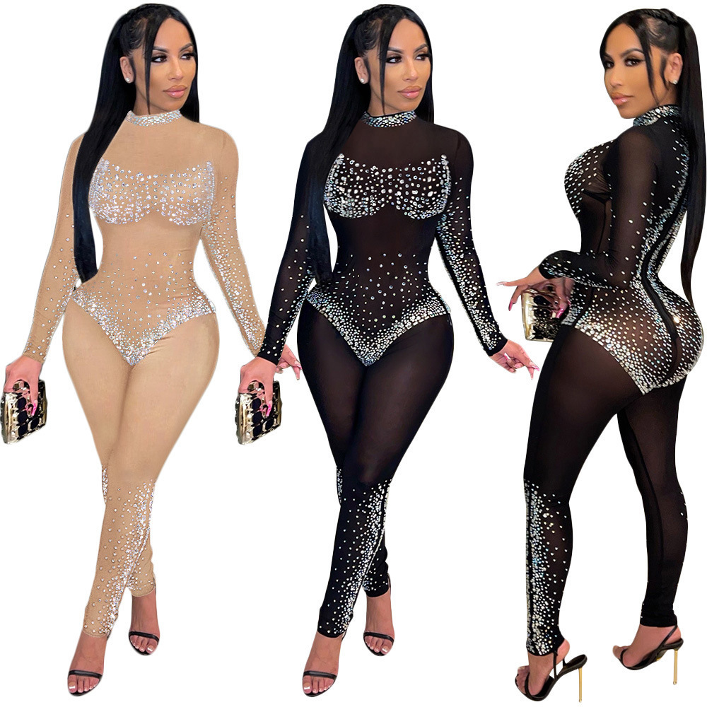 Sexy Night Club Wear Color Block Romper Mesh Jumpsuit For Women Sexy Beaded Rhinestone Jumpsuit