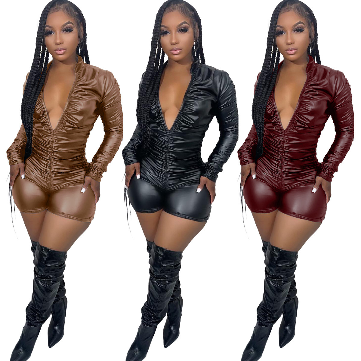 2023 long sleeve v neck sexy pu leather short jumpsuit women fashion ruffle bodycon romper