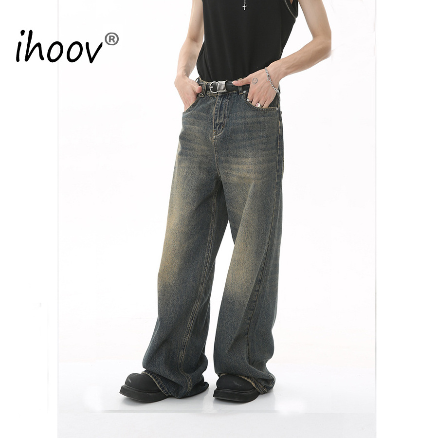 IHOOV denim pant loose Men's Retro Harbor Style Loose Wide-Leg Denim Pants leg jeans women pantalones de hombre jeans