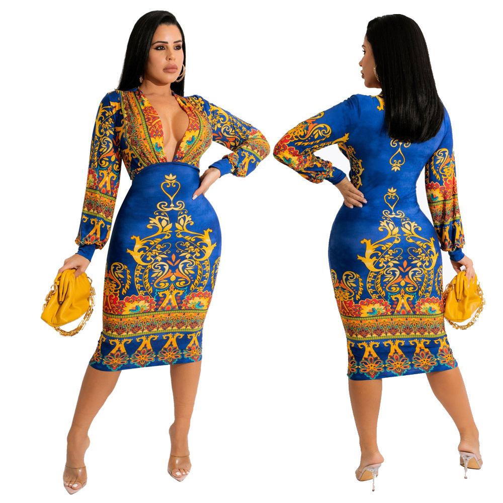 IHOOV deep v neck sexy casual African print Kitenge designs traditional dress for women