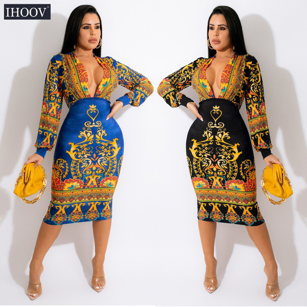 IHOOV deep v neck sexy casual African print Kitenge designs traditional dress for women