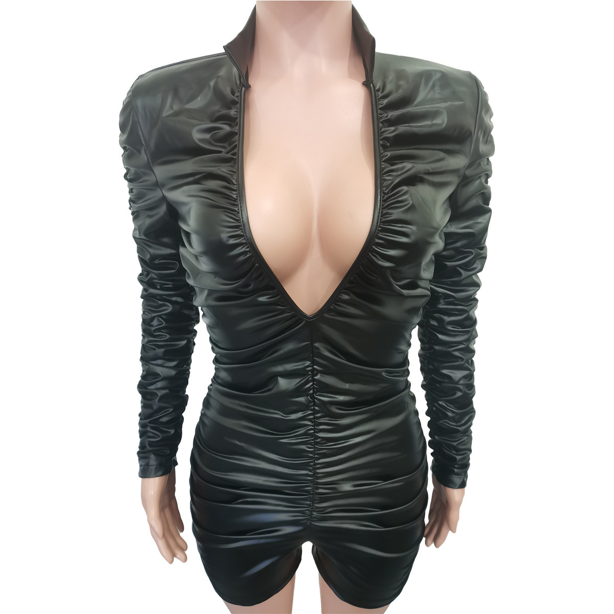 2023 long sleeve v neck sexy pu leather short jumpsuit women fashion ruffle bodycon romper