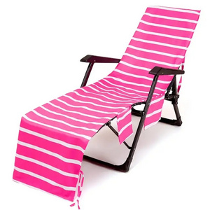 Stripe Printed Portable Beach Bag Custom Fitted Towel for Lounge Chairs with Pocket for Swimming and Travel Use