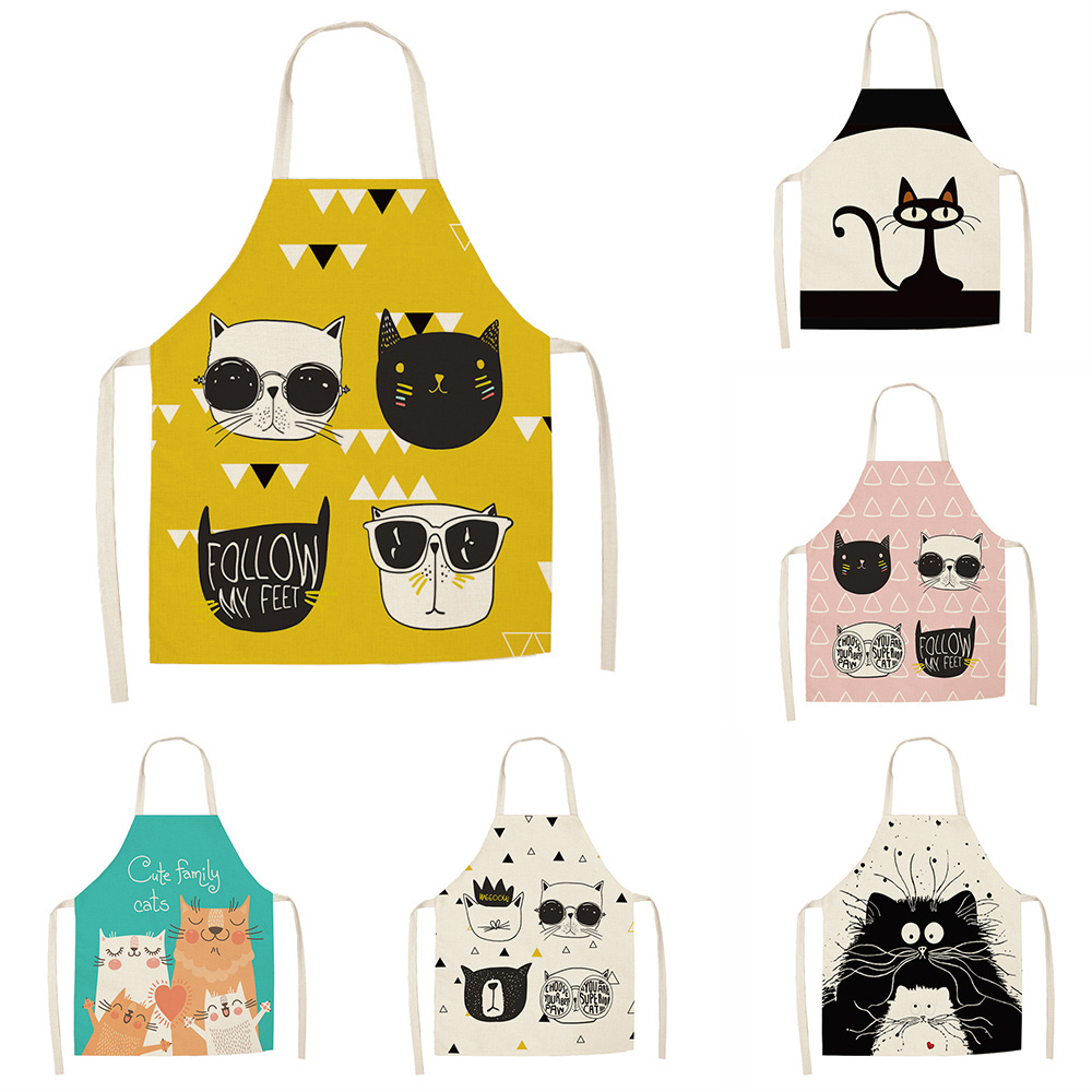 OEM Custom Design European American Cartoon Cute Cat Print Hanging Neck  Manufacturer Supply Cotton Linen Aprons