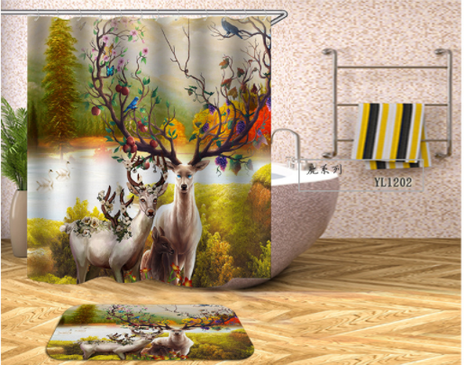 Cute Deer Animals Waterproof Polyester Fabric Bathroom Decor Shower Curtain