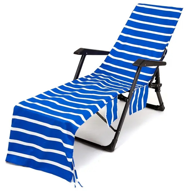 Stripe Printed Portable Beach Bag Custom Fitted Towel for Lounge Chairs with Pocket for Swimming and Travel Use