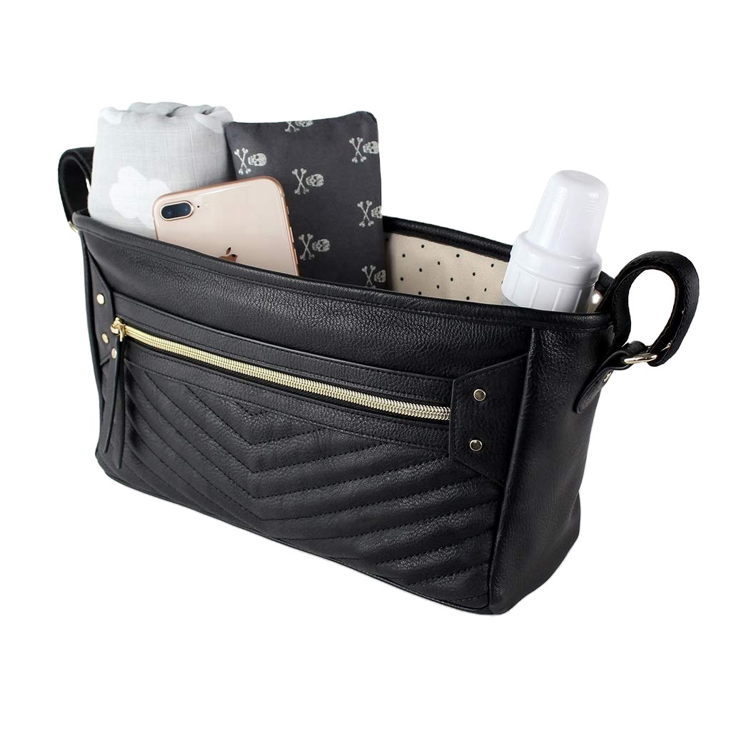 Free Sample  Wholesale Luxury Universal PU Leather Baby Diaper Caddy Bag Tote Stroller Organizer with Cup Holder