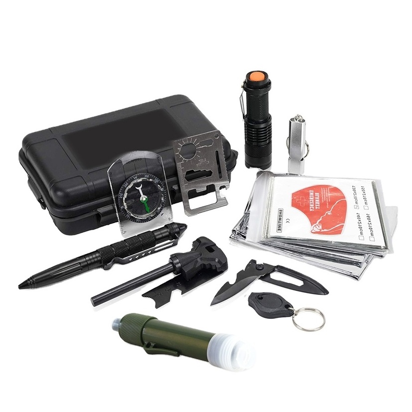 Free Sample ISO approved emergency survival kit outdoor with flashlight, card multi tool, fire starter, water filter straw