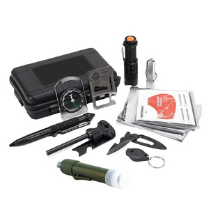 Free Sample ISO approved emergency survival kit outdoor with flashlight, card multi tool, fire starter, water filter straw