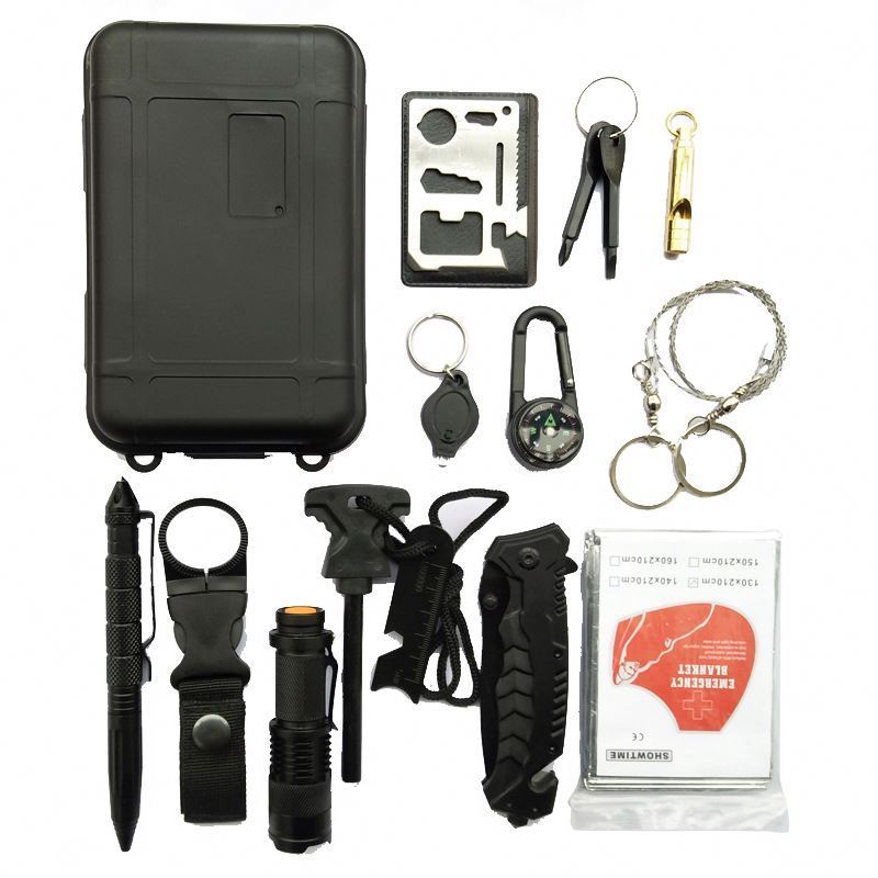 Free Sample ISO approved emergency survival kit outdoor with flashlight, card multi tool, fire starter, water filter straw