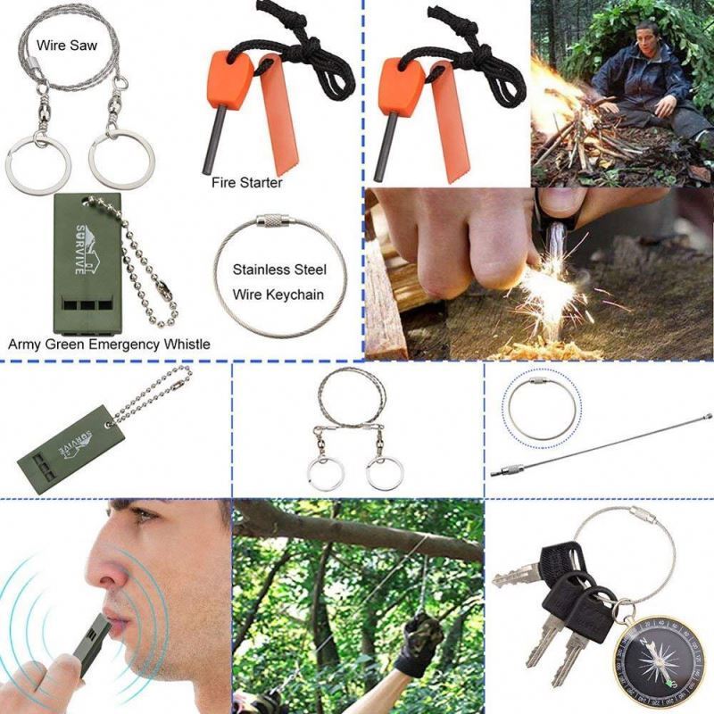 Free Sample ISO approved emergency survival kit outdoor with flashlight, card multi tool, fire starter, water filter straw