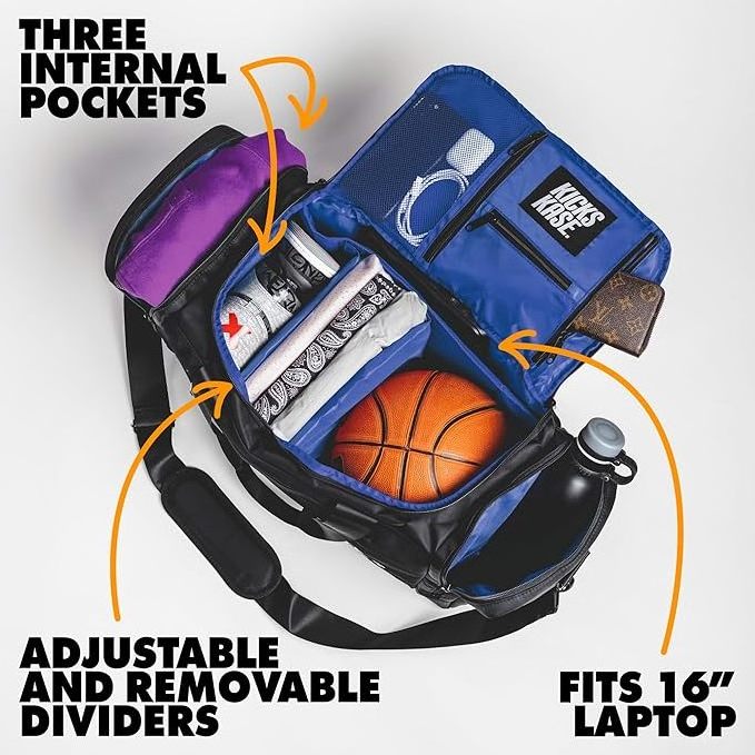 Free sample Sneaker Bag, Duffel Bag, Gym Training Travel Basketball Football Bag with 3 adjustable compartment dividers