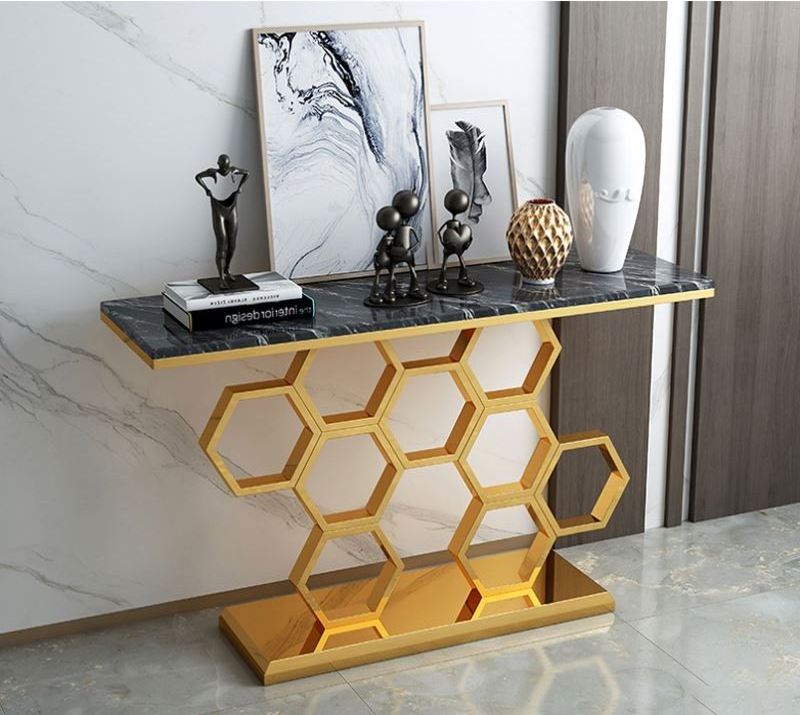 Contemporary Modern Design Luxury Stainless Steel Glass Marble Console Table With Mirror