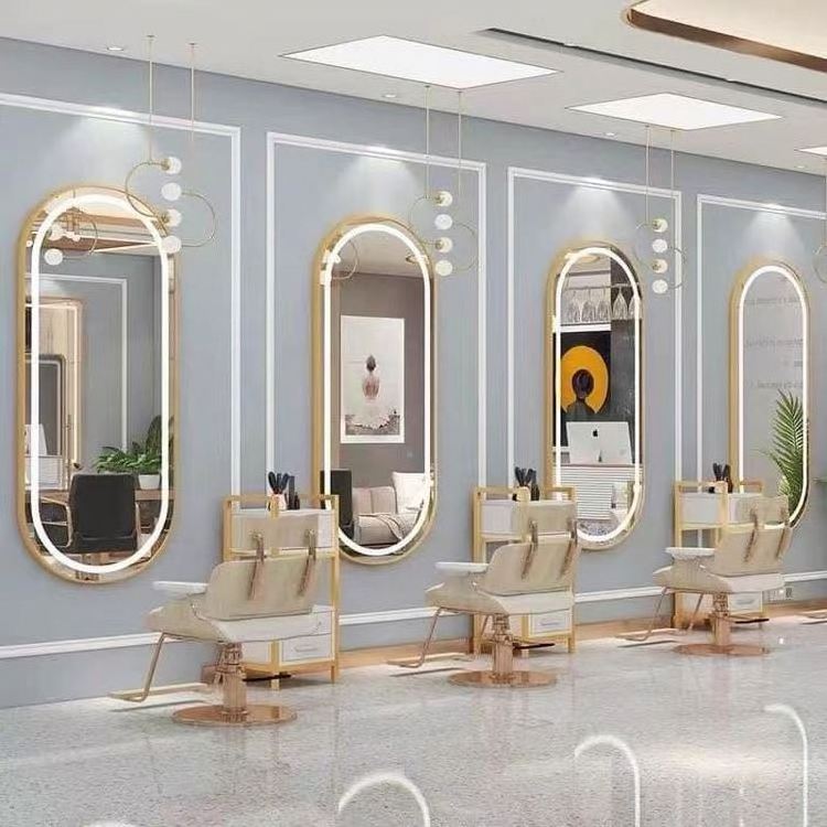 High Quality Large Full Length Gold Styling Barber Salon Furniture Wall Mounted Hairdressing Makeup Led Beauty Salon Mirror