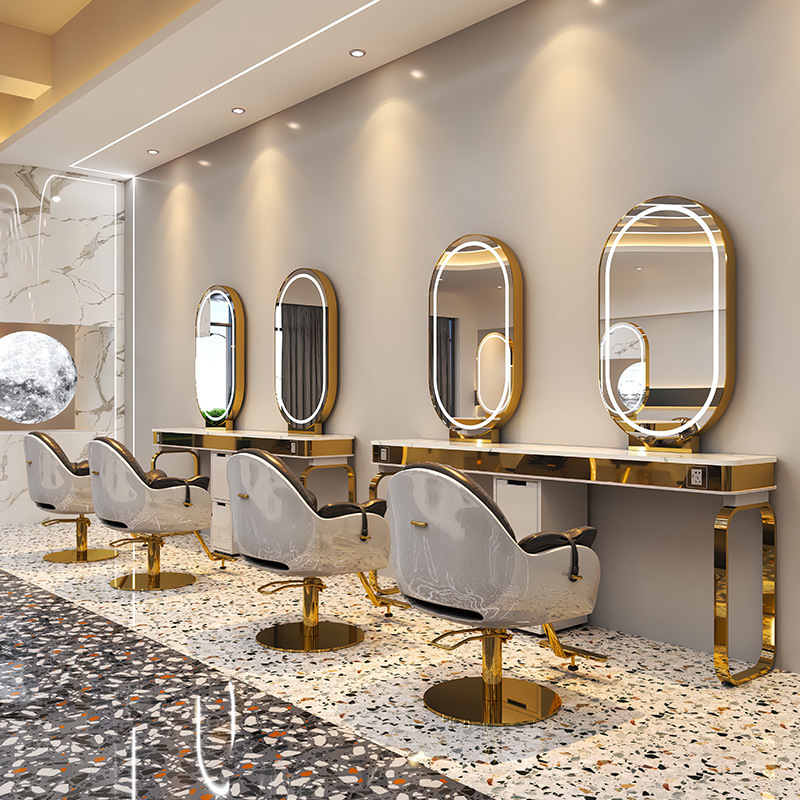 Youtai Wholesale Hair Salon Furniture Barber Station with Mirror Gold Salon Mirror With LED Salon Mirror Station