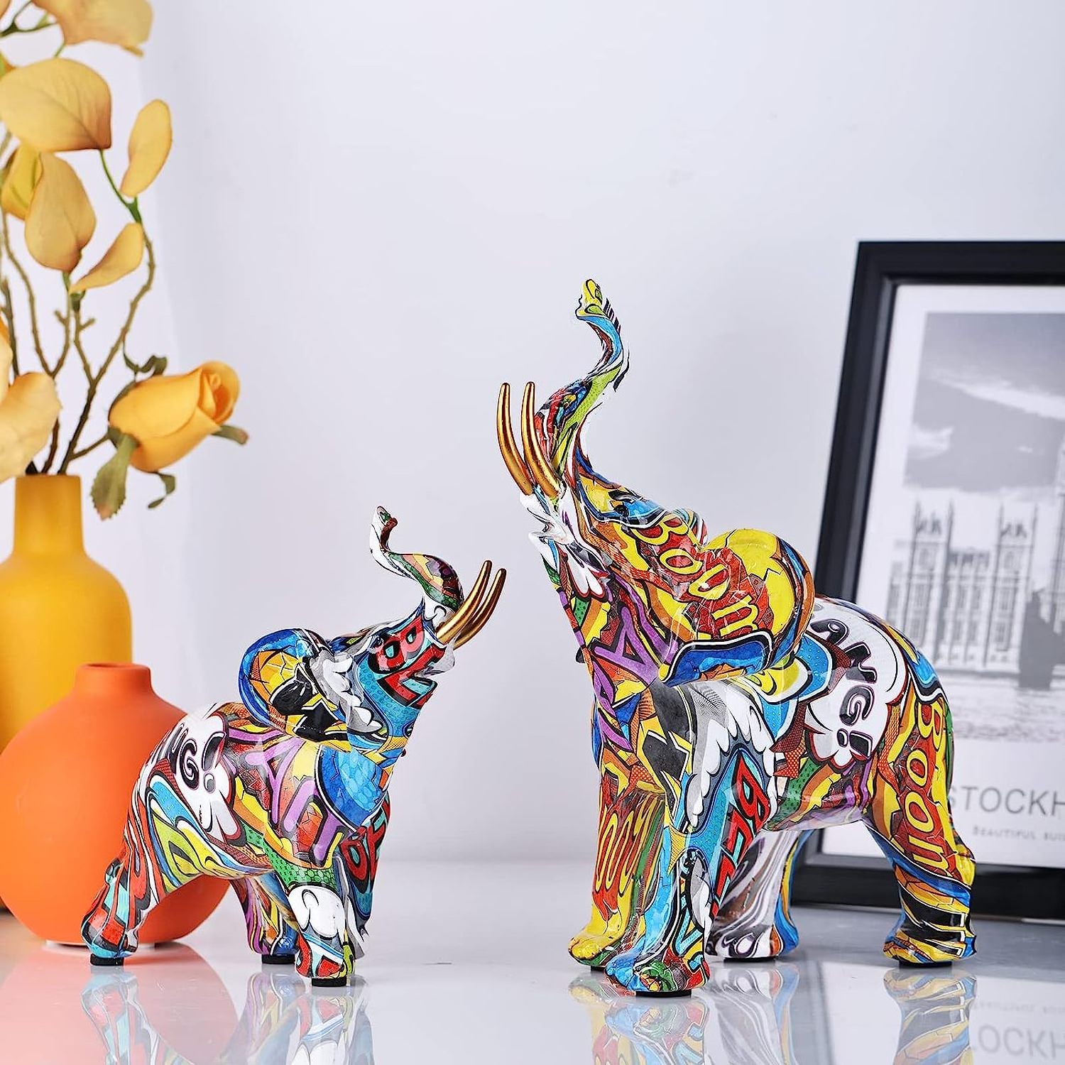 Resin colored painted design ivory elephant home desk statue