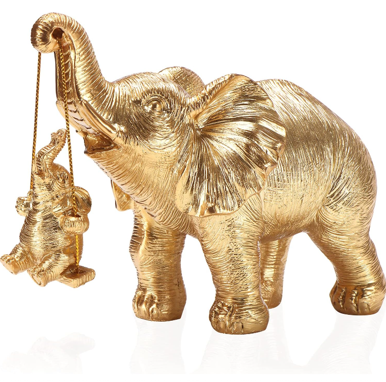 Resin fortune gold elephant mother and baby elephant swing statue