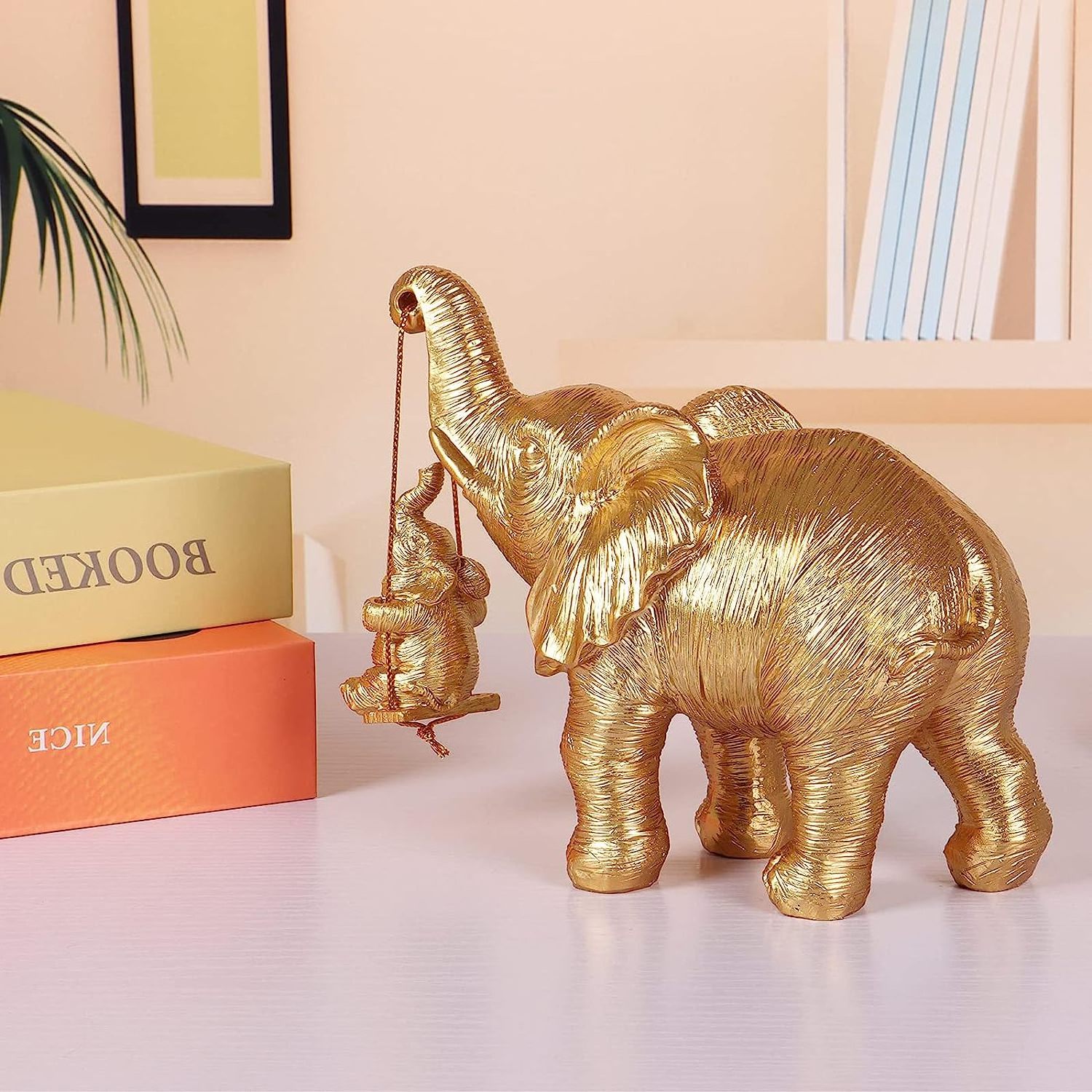 Resin fortune gold elephant mother and baby elephant swing statue