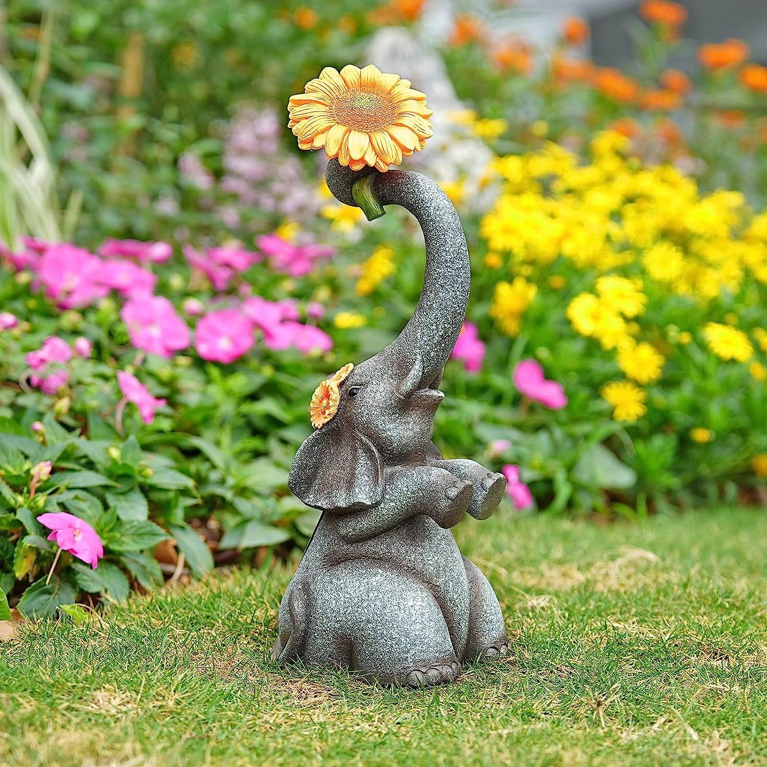 Resin-grey silver elephant picks sunflower home desk statue with trunk