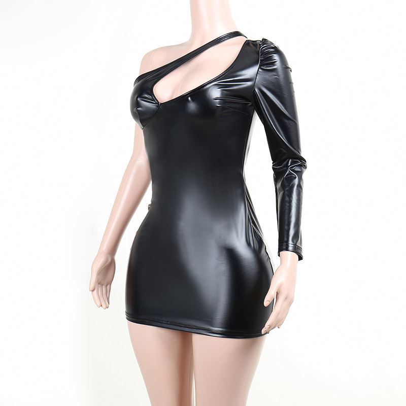 Cutout Sexy Dress for Sex Night Club Black Dress One Sleeve Skinny Mature Women Sexy Short Tight Mini Leather Dress Bondage 2023