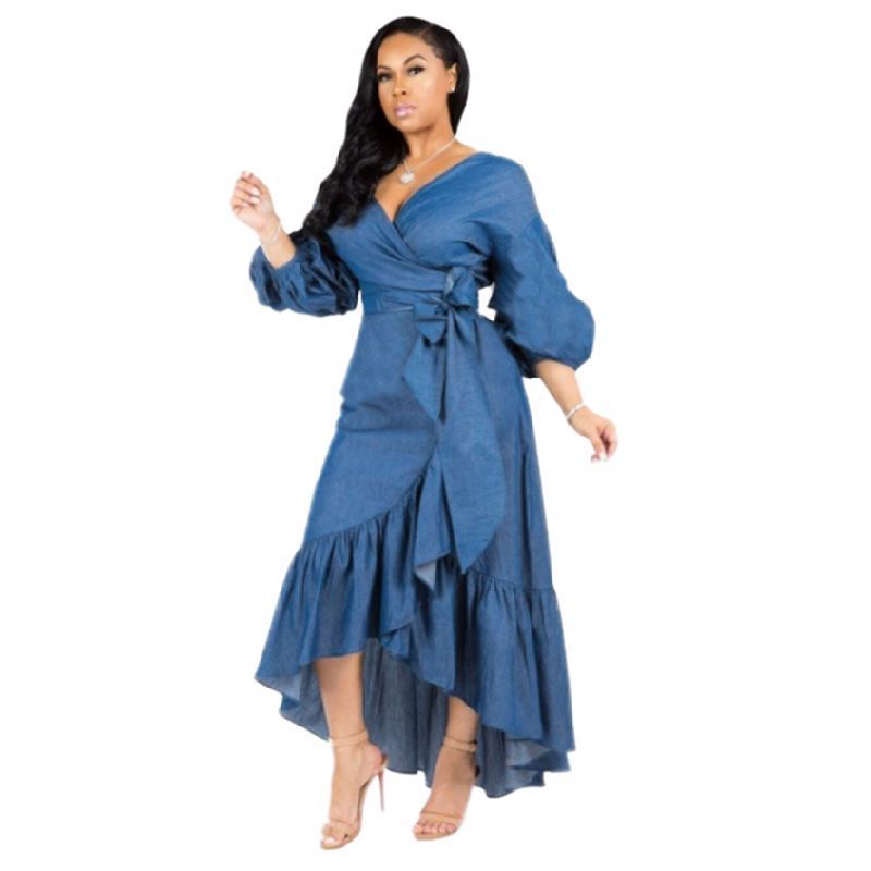 New autumn dress Latest Design Long Sleeves V Neck Jeans Dresses Women Lady Sexy Denim Dress