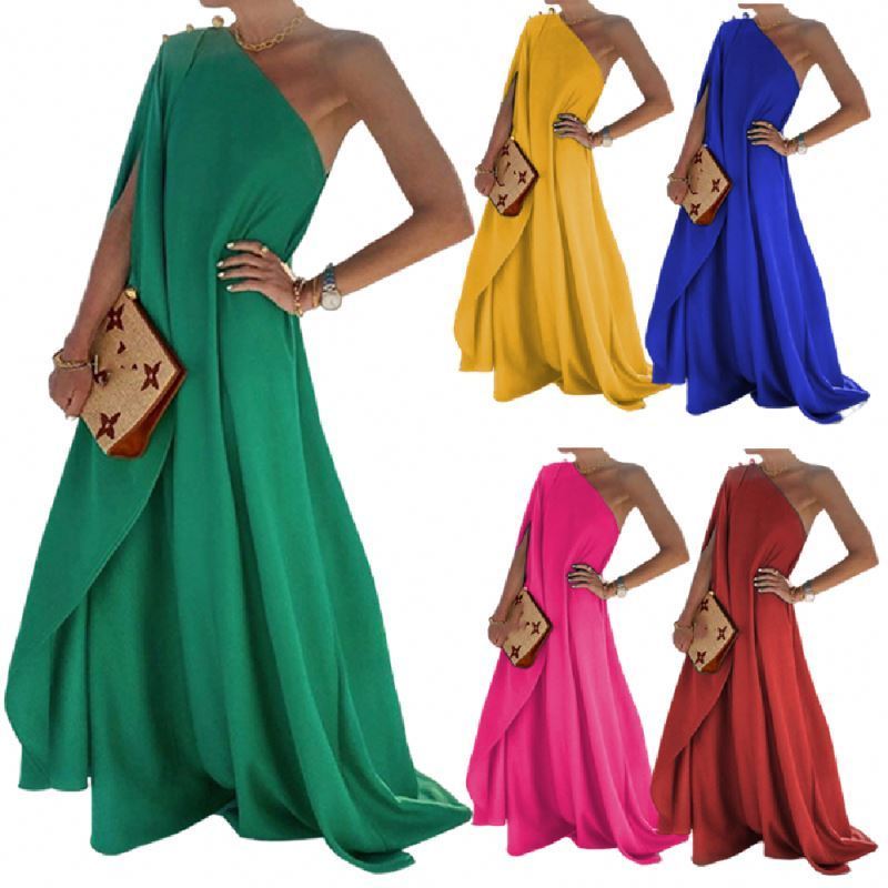 2023 New Arrivals Fashion Summer dresses women lady elegant Solid Color One Shoulder Long Dresses Women prom dresses