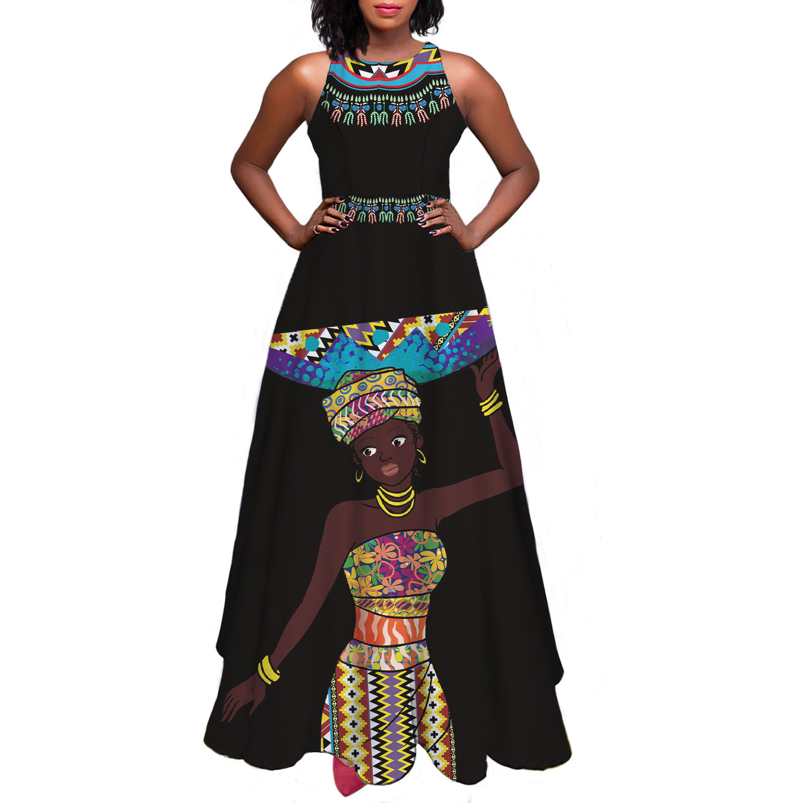 Wholesale maxi dress ladies African Tribal Black Girl printing Summer expansion skirt Swagger Big Swing sleeveless long dress