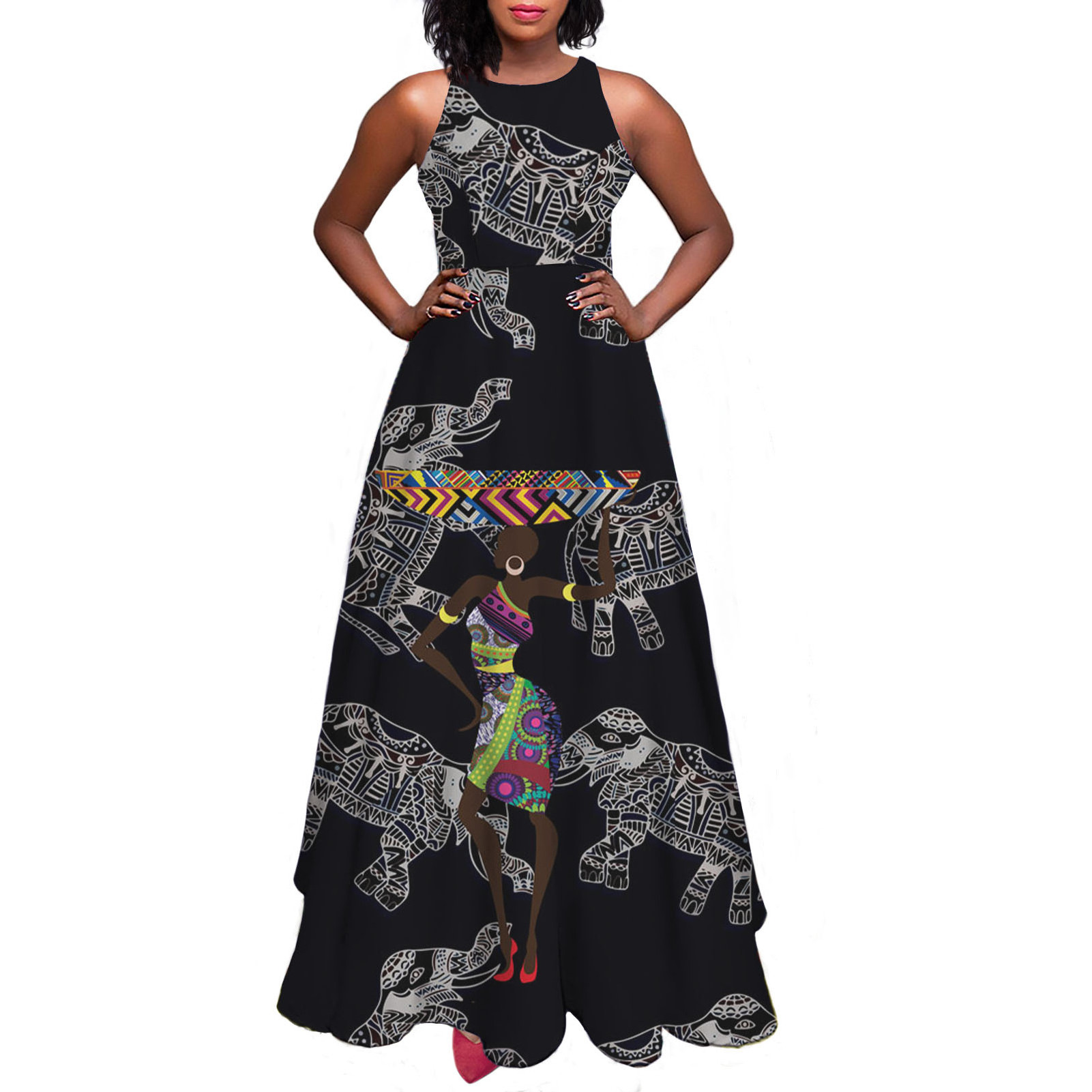 Wholesale maxi dress ladies African Tribal Black Girl printing Summer expansion skirt Swagger Big Swing sleeveless long dress