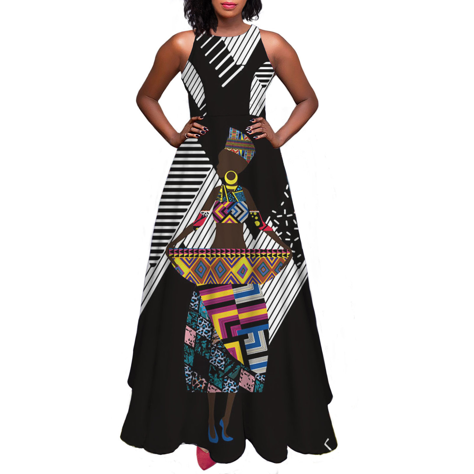 Wholesale maxi dress ladies African Tribal Black Girl printing Summer expansion skirt Swagger Big Swing sleeveless long dress