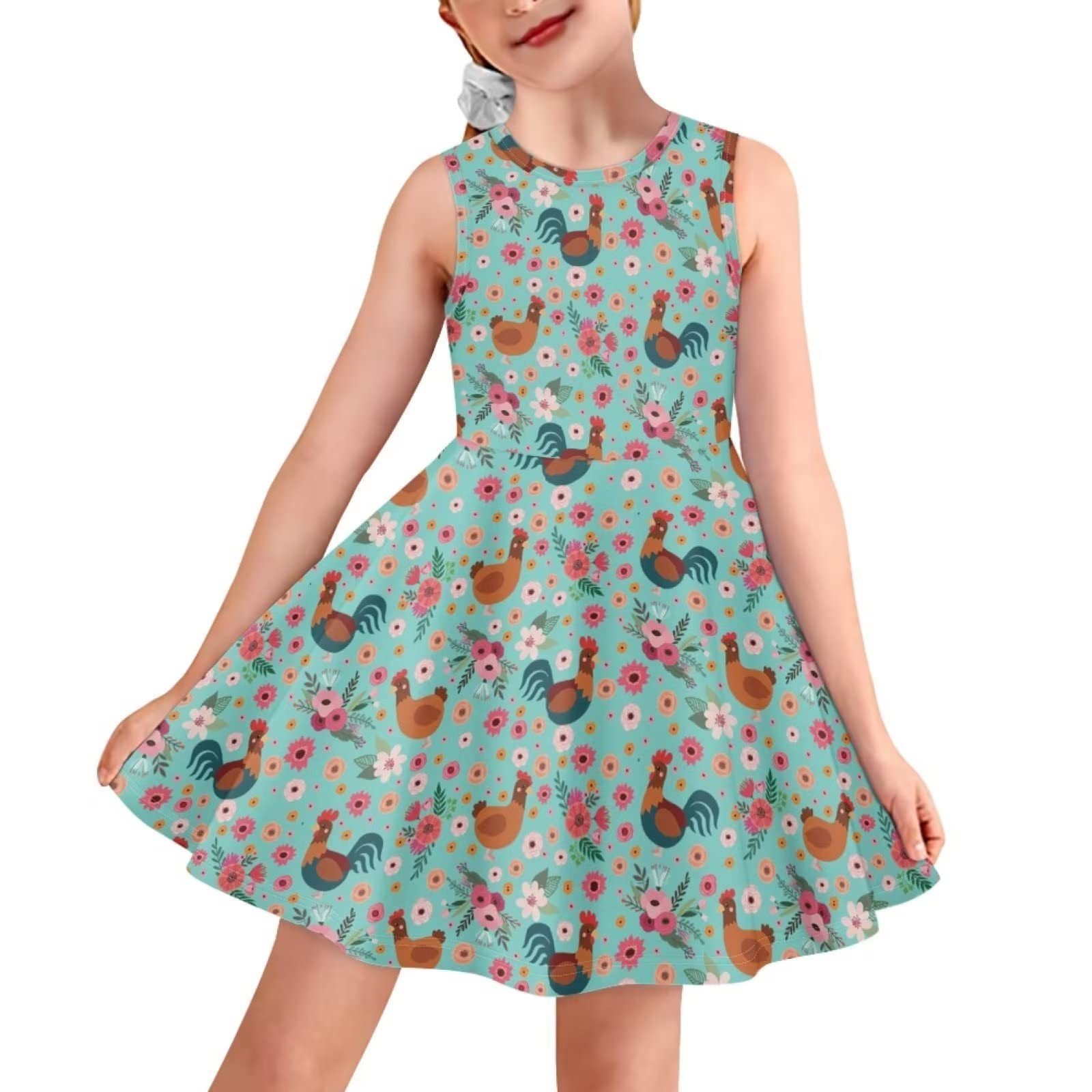 Floral Rooster Designs Summer Girls Dress Cute Style Kids Girl Party Sleeveless Princess Dresses Summer Fashion Vest Sundress