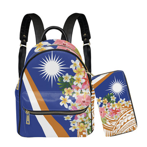 Marshall Islands with Plumeria Flower Pattern Pu Leather Mini Backpack Purses Shoulder Bag Bookbag Satchel for Travel Pockets