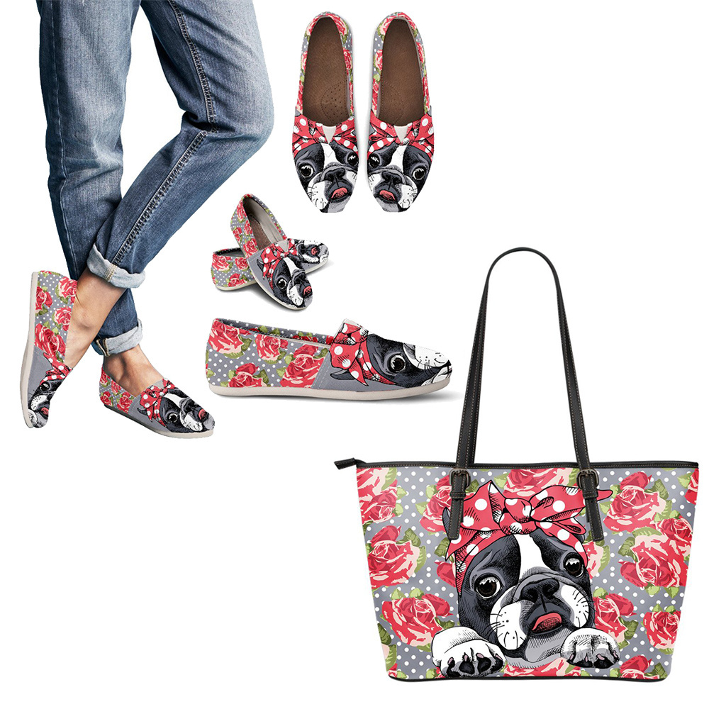 Floral Boston Terrier Dog Printing Large Leather Tote Shoulder Bag Top Handle Satchel Purses Handbag and Shoe Matching Sets